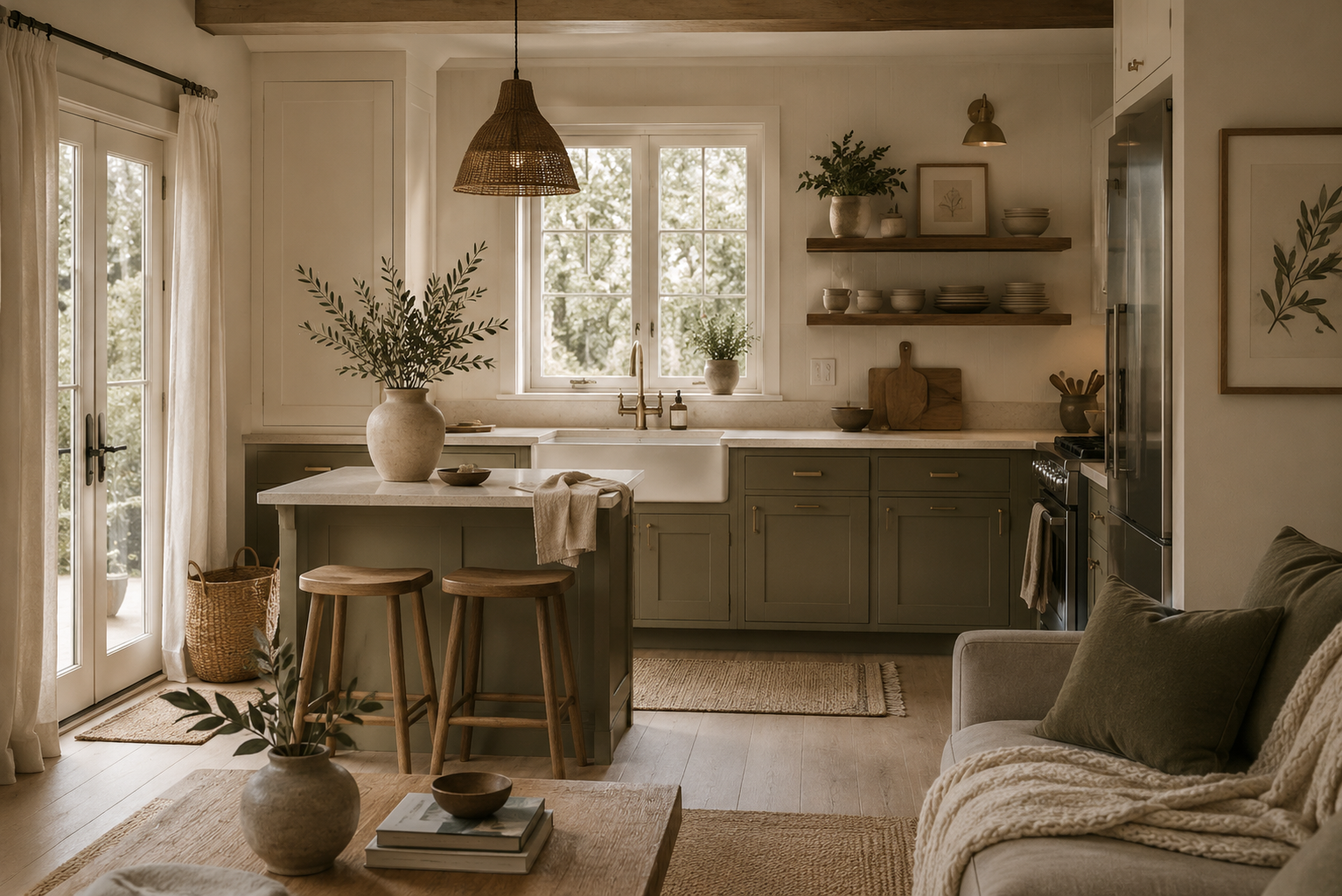 An Olive Wood Atelier kitchen — white shaker cabinetry, quartz countertops, and warm natural light