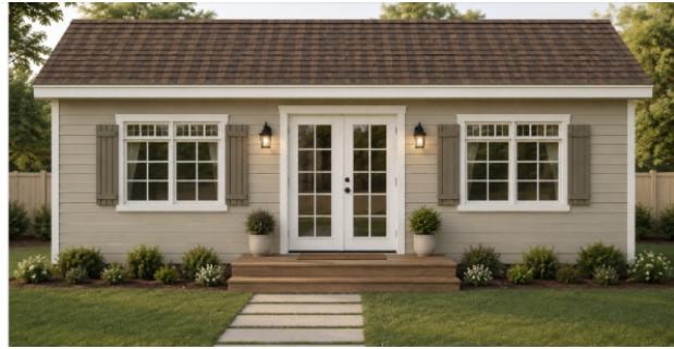 The Haven — front elevation of a Crafted Backyard Home with divided-light windows and warm landscaping